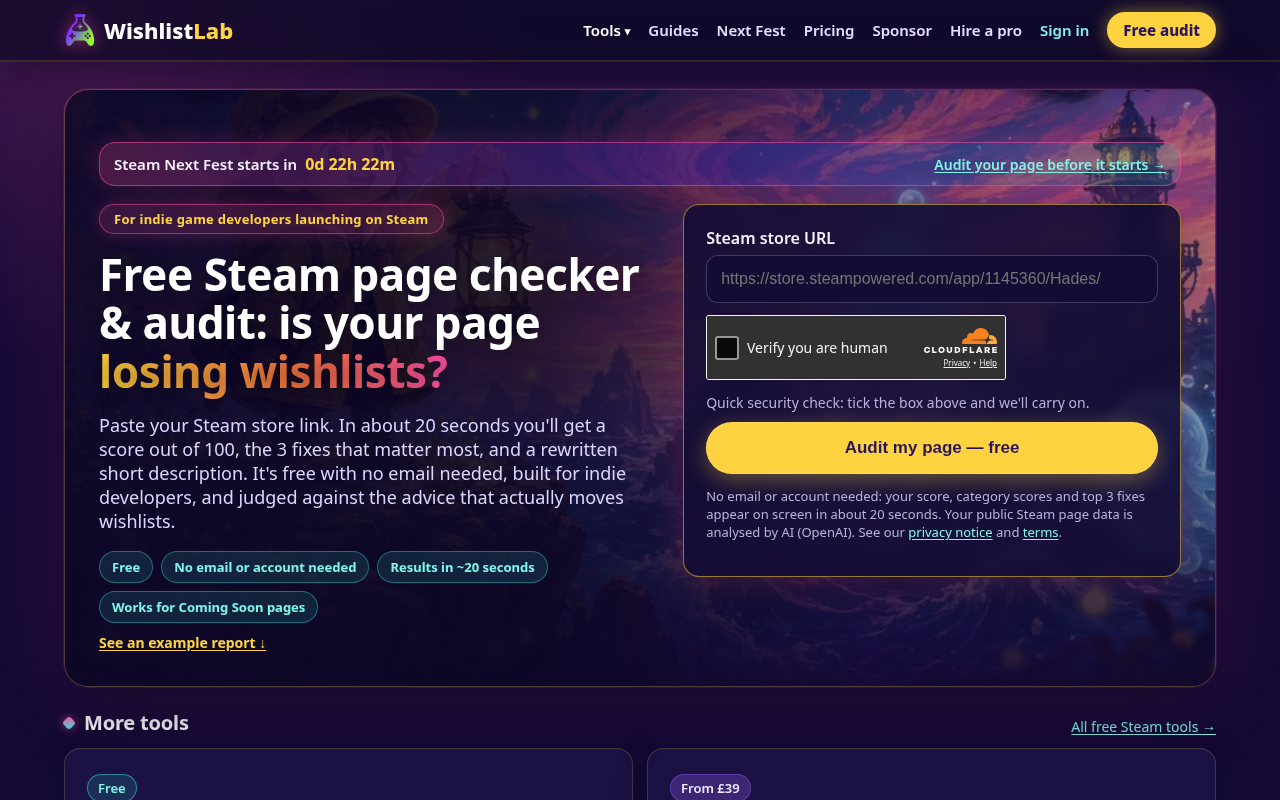 WishlistLab homepage and free audit